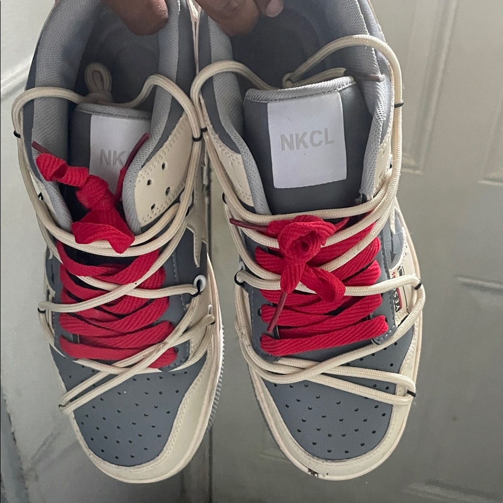 Gray and Cream Sneakers with Red Laces